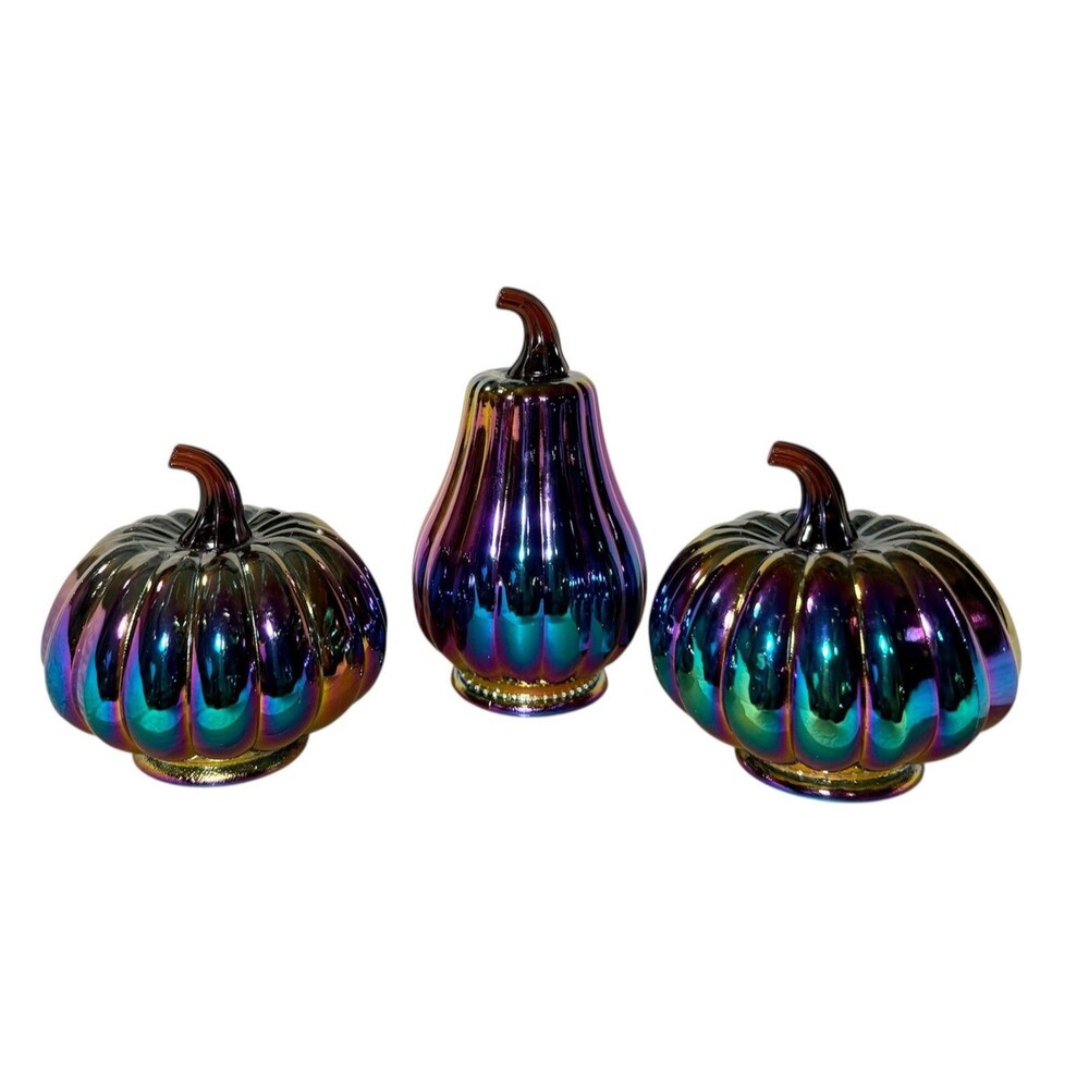 Set of 3 Dark Iridescent Glass Pumpkins Target Halloween - NEW